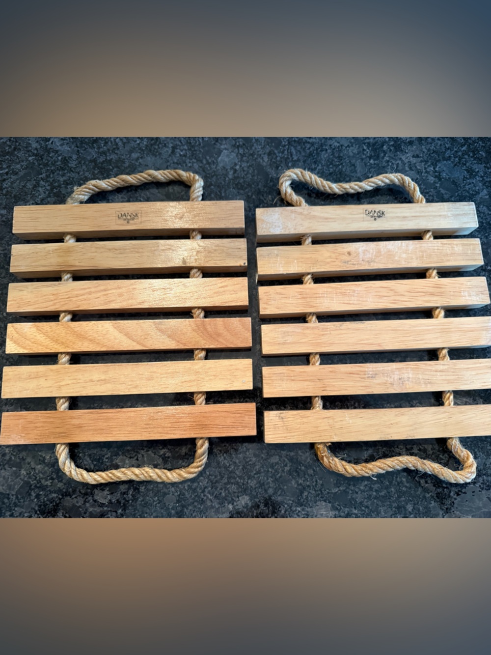 Vintage Dansk Solid Teak Wood Slat Trivets w/ Rope Handles Set of 2